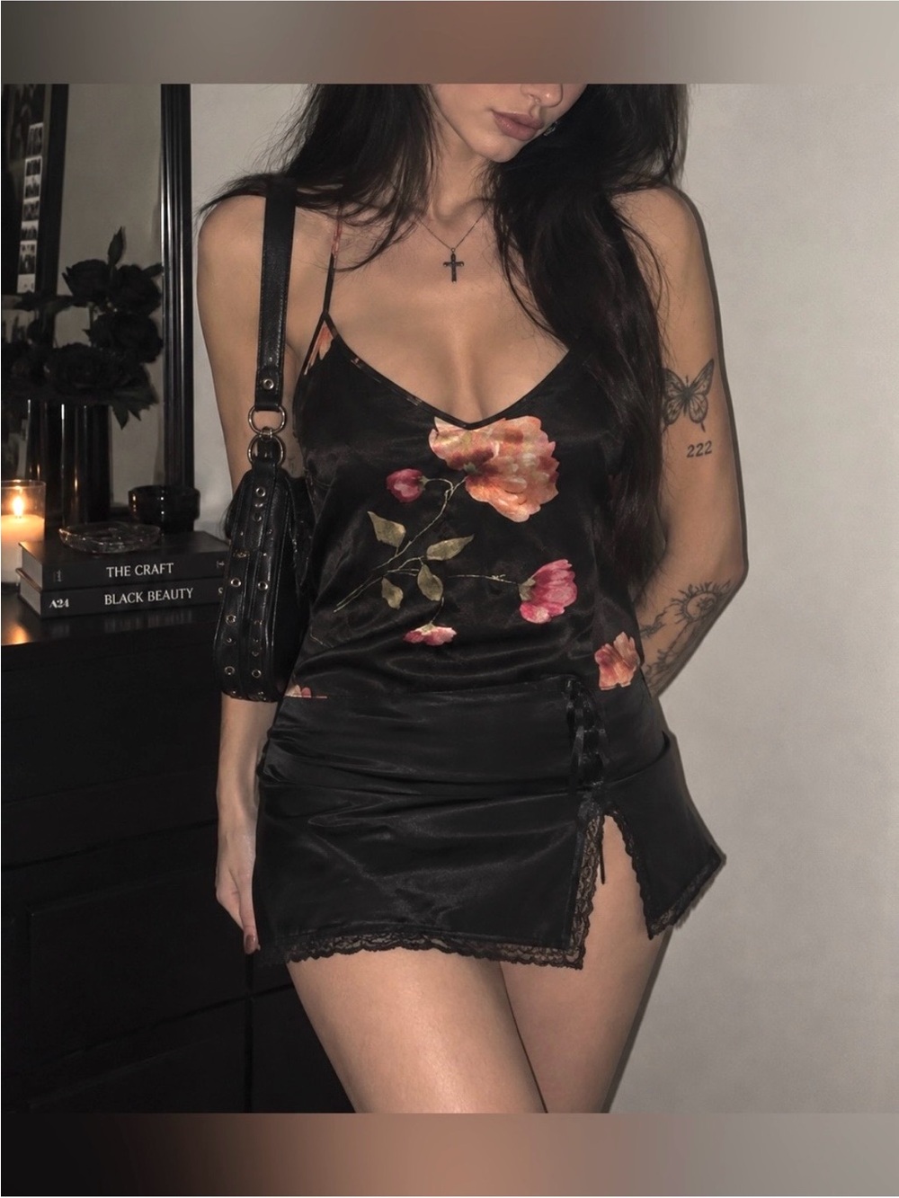 Women’s Date Formal Satin Slip Floral Black Essential Stylish Cami Top